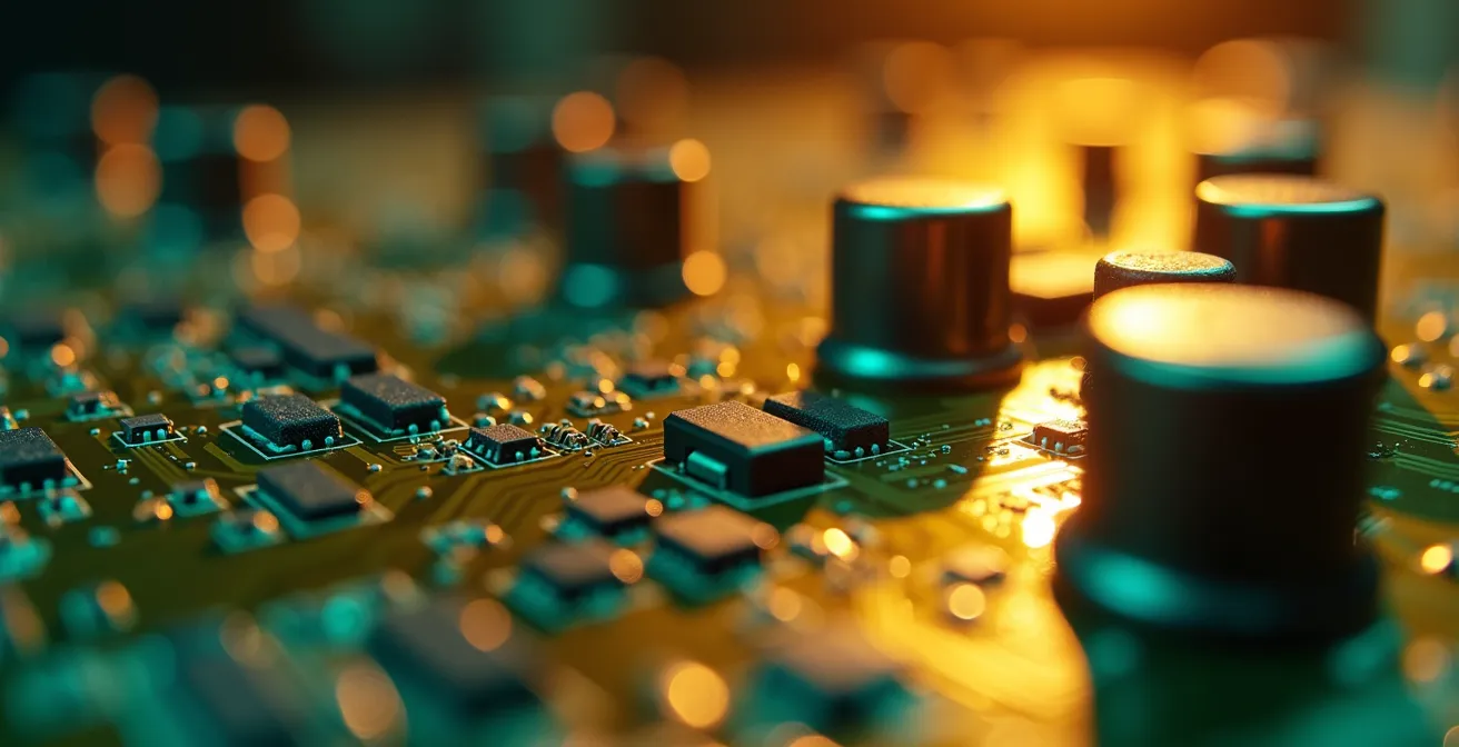 Axe Macro & Textural : Détail extrême d'un circuit imprimé de sécurité