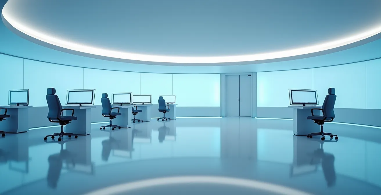 Axe Environnemental & Minimaliste : Vue large d'une salle de contrôle de télésurveillance épurée