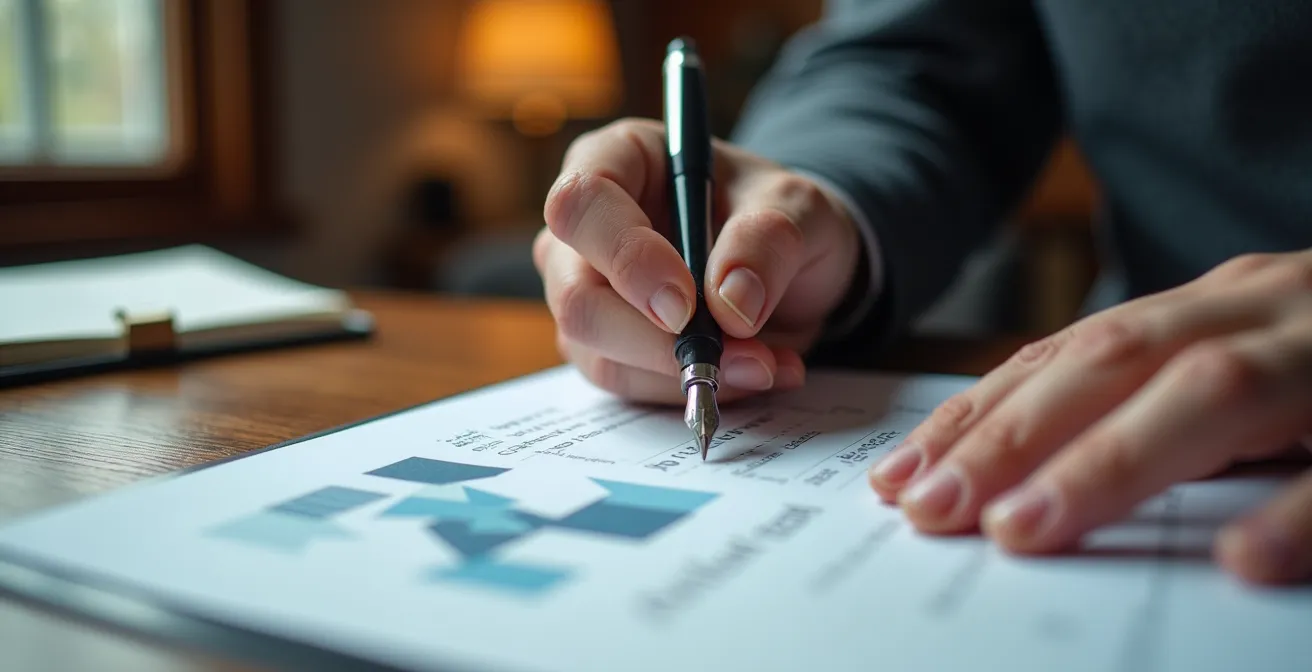 Axe Humain & Émotionnel : Gros plan sur une main signant un document d'assurance